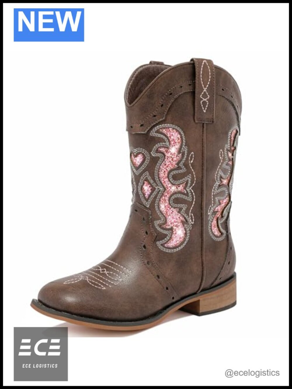Girls Western Cowgirl Boots Square Toe Glitter Zipper Mid Calf
